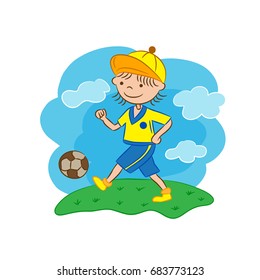 Sports game on the glade football,soccer ball, blue sky, the sun shines, cheerful football player, children's sports game, junior football