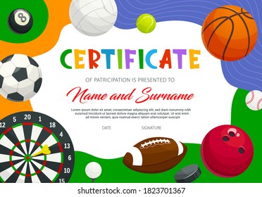 Certificado de participación deportiva en torneo, plantilla vectorial diploma. Baloncesto de fútbol, baloncesto, bolos y dardos, rugby, billar, voleibol y tenis, golf, hockey y béisbol