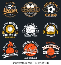 Sports game typography - soccer, volleyball and basketball. Set of athletic print for t-shirt design. Graphics for sport apparel. Collection of tee shirt badge. Vector.