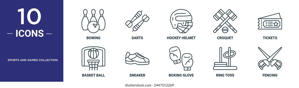 sports and games collection. outline icon set includes thin line bowing, darts, hockey helmet, croquet, tickets, basket ball, sneaker icons for report, presentation, diagram, web design