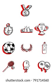 sports games and equipment,prizes and awards,healthy lifestyle, set of hand-drawn icons,vector image
