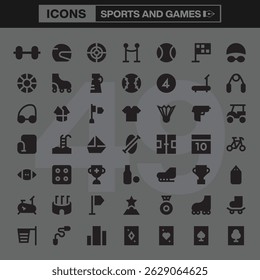 Sports and Games Icon Set Featuring Line Art Symbols Representing Various Athletic Activities, Equipment, and Recreational Elements for Digital and Print Design