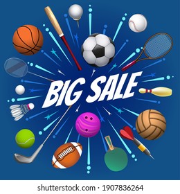 Sports games inscription banner. Sport tools and equipement vector illustration, sporting and fitness items background for sale and healthy lifestyle banners