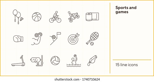 Sports and games line icon set. Cycling, equipment, match. Training concept. Can be used for topics like recreation, activity, fitness