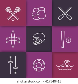 sports and games line icons on squares, boxing, fencing, lacrosse, football linear pictograms, vector illustration