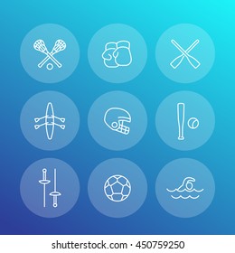 sports and games line icons set, rowing, boxing, fencing, lacrosse, football, soccer