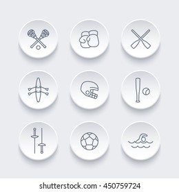 sports and games line icons set, rowing, boxing, fencing, lacrosse, football, soccer, baseball