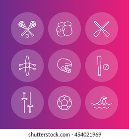 sports and games line icons set, rowing, boxing, fencing, lacrosse, football, vector illustration