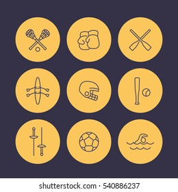 sports and games line icons set, rowing, boxing, fencing, lacrosse, football vector symbols