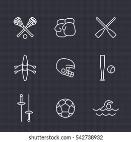 sports and games line icons set, rowing, boxing, fencing, lacrosse, football helmet, soccer ball