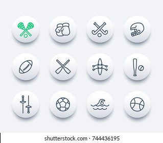 sports and games line icons set, baseball, field hockey, fencing, lacrosse, football