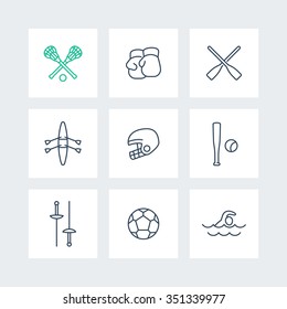 sports and games line icons in squares, vector illustration