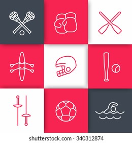 sports and games linear icons set on squares, vector illustration