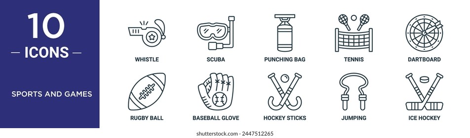 sports and games outline icon set includes thin line whistle, scuba, punching bag, tennis, dartboard, rugby ball, baseball glove icons for report, presentation, diagram, web design