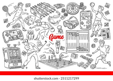 Sports games are played by men and women, enjoying active sports or mental games. Casino equipment near chess or backgammon board and poker cards for great time spent free time. Hand drawn.