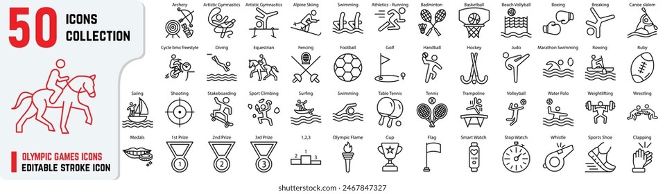 Sportspiele Verwandte editierbare Schlaganfall-Icons umfassen Athlet, Laufen, Schwimmen, Basketball, Boxen, Ski, Sport 50+ dünne Icon-Kollektionen