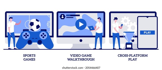 Sports games, video game walkthrough, cross-platform play concept with tiny people. Digital gaming vector illustration set. Console playing, online multiplayer, e-sport league, streaming metaphor.