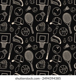 Sports Gear and Accessories Line Art Doodles on Black Seamless Pattern Design