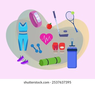 Sports gear and apparel vector illustration set. Colorful sportswear, sneakers, watches, boxing gloves, hockey and tennis equipment, water and fruit. Healthy lifestyle, fitness and sport concept