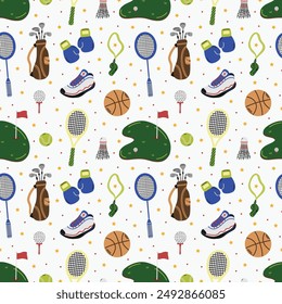 Sports Gear and Equipment on White Seamless Pattern Design