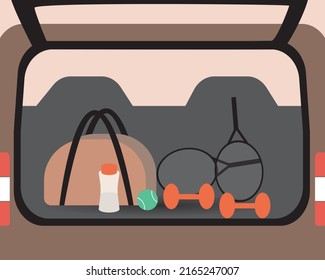 Sports Gear Packed Into Vehicle. Trunk Of Car Is Open. Flat Vector Stock Illustration. Transportation Sports Bag, Tennis Rackets, Ball, Bottle, Dumbbells