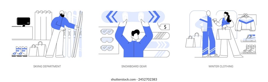 Sports gear store isolated cartoon vector illustrations set. Skiing department, buying ski, choose snowboard, snowboarding equipment, purchase winter clothing, sales and discounts vector cartoon.