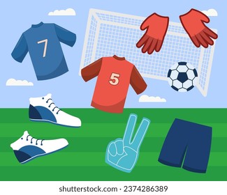 Sports gear or uniform and soccer field vector illustration. Cartoon drawing of clothing for soccer, goal, foam hand, shorts, shoes, ball, gloves. Sports, healthy lifestyle, fitness concept