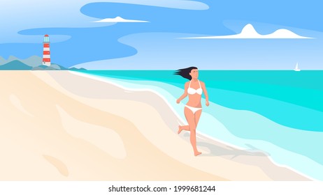 Sports girl in a bikini runs along the sea beach. Summer landscape with ocean, lighthouse. Outdoor sports concept. Vector flat style