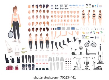 Sports girl character constructor.  Fitness woman creation set. Different postures, hairstyle, face, legs, hands, equipment, clothes collection. Vector cartoon illustration.  Front, side, back view.