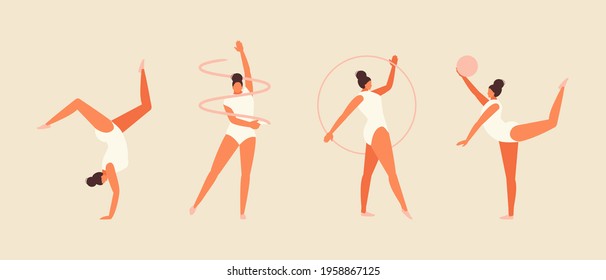 Sports girl doing rhythmic gymnastics. Vector illustration set