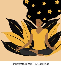 A sports girl with long hair sits in a lotus position and meditates. Mentally dreams and feels lightness. Yoga in nature. Yellow and black. Vector graphics.