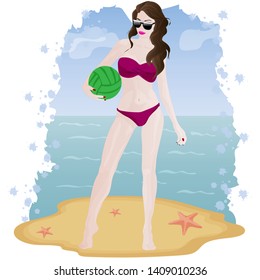 Sports girl on the beach with a volleyball. Vector art