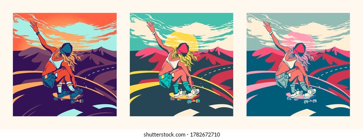 Sports girl on a longboard in the summer rides on the road. Extreme sports, vivid illustration, sunset sky and beautiful landscape. Poster for a sports store.