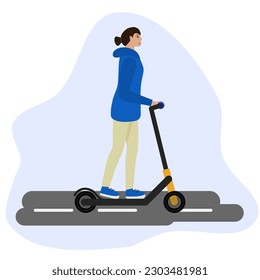 Sports girl on a scooter. Eco-friendly transport. Electric scooter. Flat style vector illustration