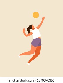 Sports girl playing volleyball. Flat vector illustration