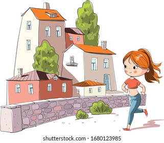 sports girl runs around the town
