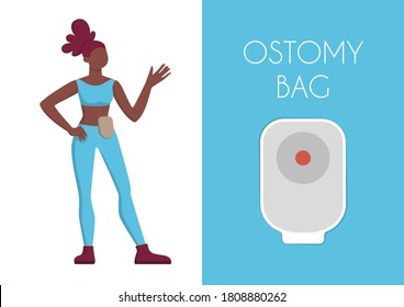 sports girl stylization vector flat illustration. A patient with a colostomy bag