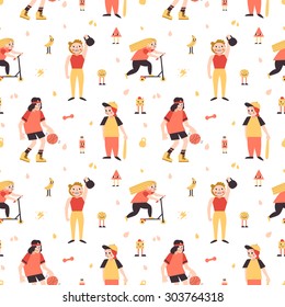 Sports girls (basketball, scooter, baseball, weight lifting) minimalistic cartoon style vector seamless pattern