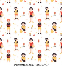 Sports girls (box, skateboarding, football, volleyball) minimalistic cartoon style vector seamless pattern