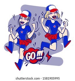 Sports girls cheerleaders vector character illustration in white isolated background. Girls jump rejoice and scream Go!