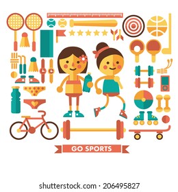 Sports girls, sports tools and equipment vector illustration set in flat cartoon style. Bicycle, tennis rackets, bats, dumbbells, training shoes and clothes. Flat icons.