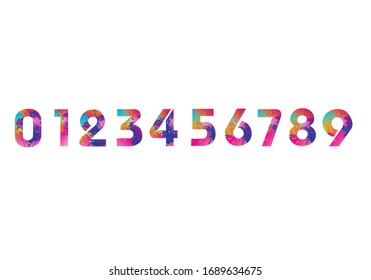 Sports. Glitch Modern Numbers Logo Design. Colorful Font paint drops ink splashes, Icon, 0, 1, 2, 3, 4, 5, 6, 7, 8, 9, Vector illustration.