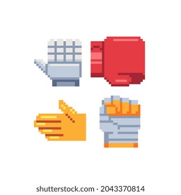Sports glove pixel art style icons set. Red boxing and medical latex glove. Fist with bandage. 8-bit sprite. Isolated abstract vector illustration. 