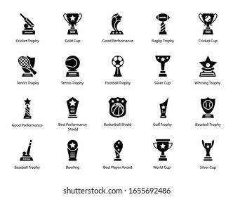 Sports glyph vector icon set isolated on white background