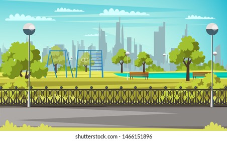 Sports ground in park flat vector illustration. Urban recreation infrastructure. Green area with lake, benches, lanterns with cityscape background. Outdoor sport training facilities in fresh air