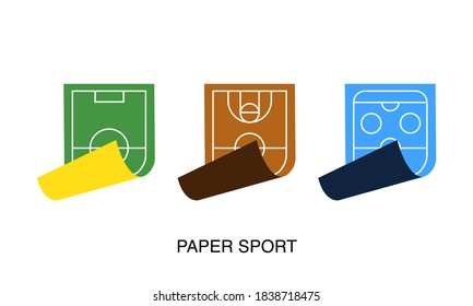 Sports grounds made of paper. Football, basketball and hockey logo illustration