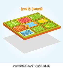 Sports grounds set, tennis, athletic, football, soccer, basketball, handball, baseball stadium, swimming pool vector Illustration