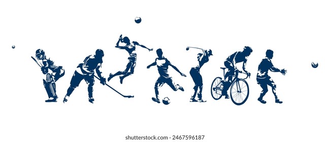 Sports, group of active people, isolated vector silhouettes. Men and women