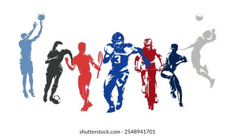 Sports, group of active people. Active men and women. Team and individual sports athletes, set of isolated vector silhouettes