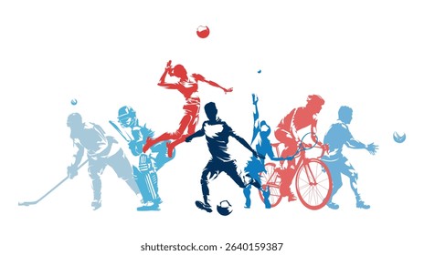 Sports, group of sports athletes. Set of active people, players, isolated vector silhouettes, hockey, cricket, volleyball, soccer, tennis, cycling, rugby. Men and women